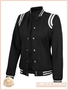 Fleece Varsity Letterman Bomber Jacket Button Closure Pockets